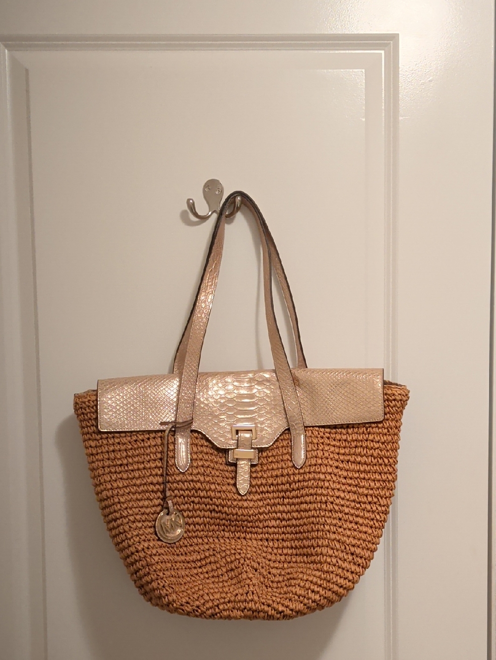 Michael Kors Woven Straw Tote with Metallic Gold Trim
